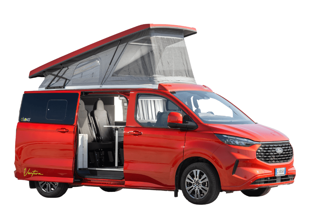Minivan camperizzato usato rosso su base Ford Transit Custom con tetto a soffietto — modello Ventura C-Lover Van Solutions